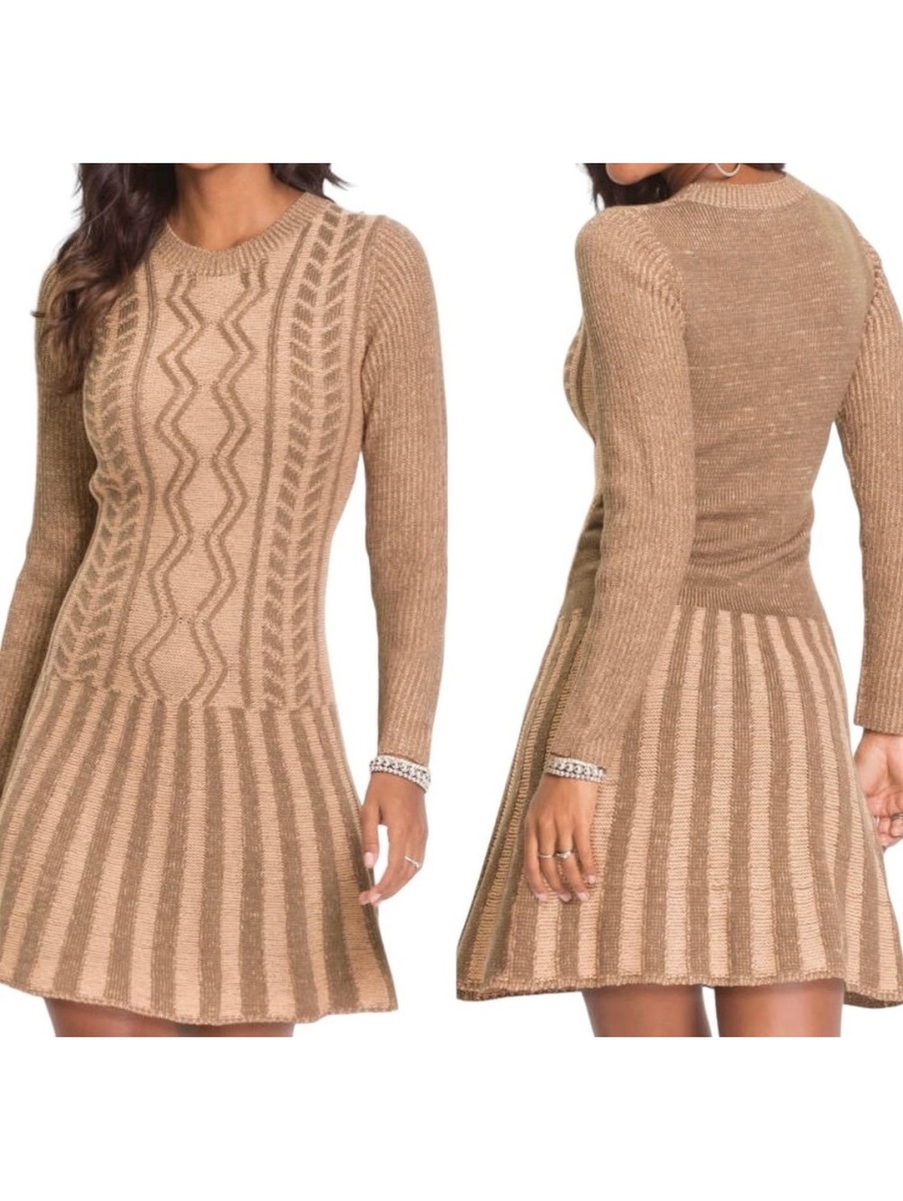 Venus Women's Knit Sweater Dress Size S Beige Brown Patterned Long Sleeve